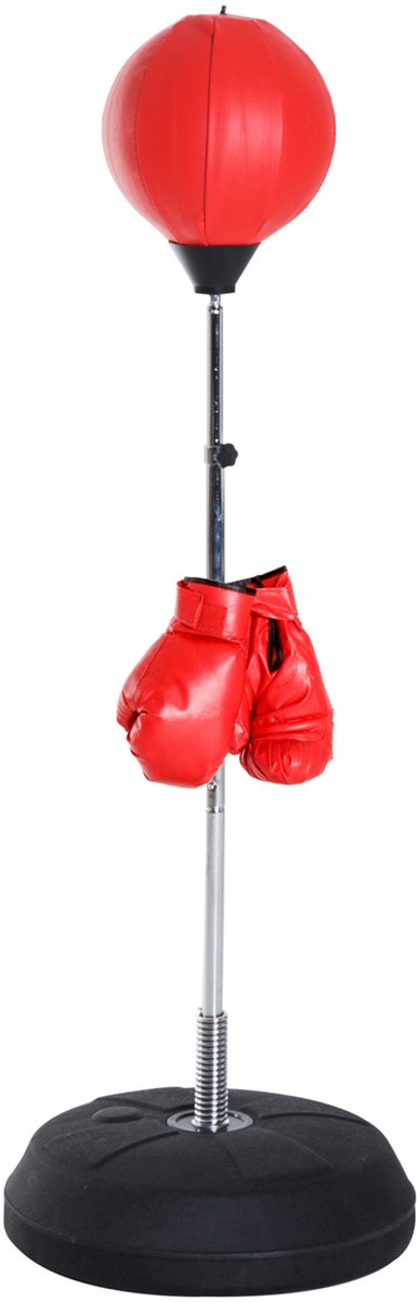 Punchingbal, 43 x 43 x 144 cm, Met verstelbare hoogte, Rood, Kunstleer, Kunststof, Bokstrainer, Staande bokszak, Bokspaal, Voor boksen, Muay Thai, Taekwondo, Free Fight, Vechtsporttraining, Incl bokshandschoenen en voetpomp