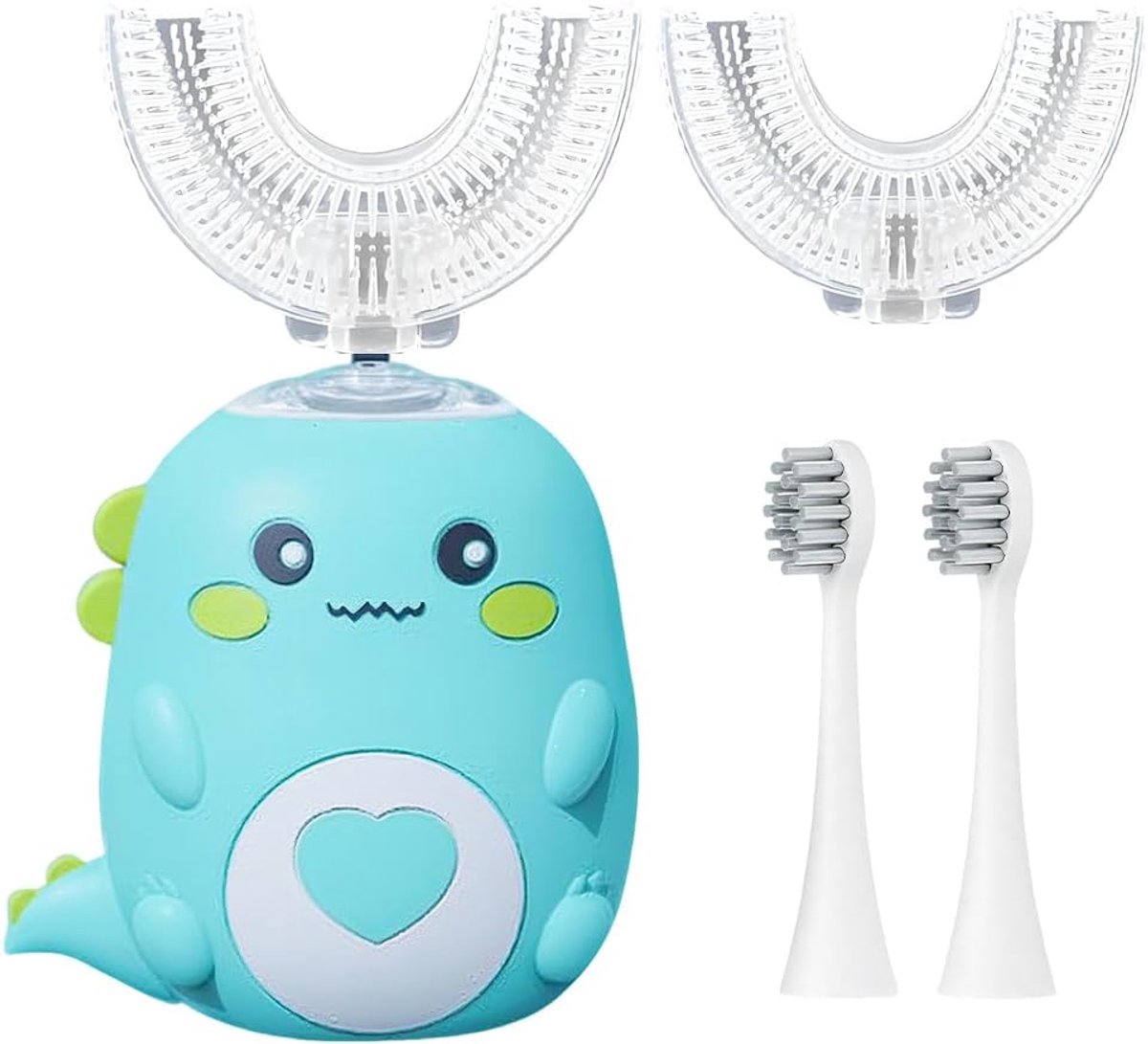 360°Ultrasone Tandenborstel Voor Kinderen, Elektrische Tandenborstels Voor Kinderen van 2-12 Jaar, U-vormige Ultrasone Tandenborstel met 2 U-vormige Borstelkoppen en 2 Borstelkoppen (Groen)