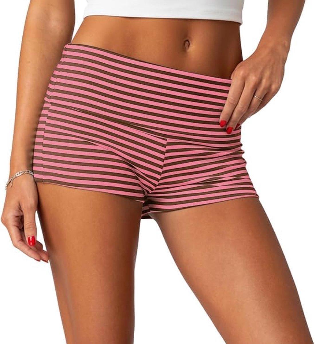 Gestreepte Shorts Vouw Over Lage Taille Streep Micro Shorts Pyjama Broek