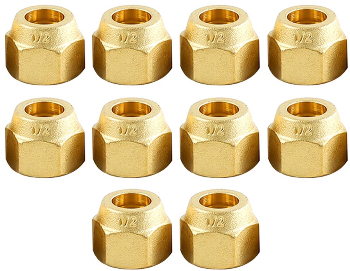 10 stuks moeren voor koperen buizen van airconditioning, messing wartelbuisverbindingen, 1/2 inch moeren voor koperen buizen van airconditioning, kogelmoeren voor brandstof, olie, gas en