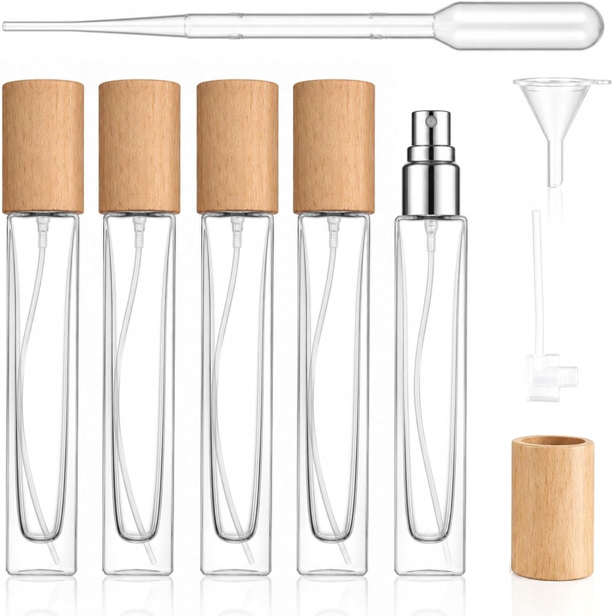 10 ml, set van 5 stuks, reisparfumverstuiver van glas, parfumverstuiver 10 ml, navulbaar, met beukenhouten deksel, lekvrij voor onderweg