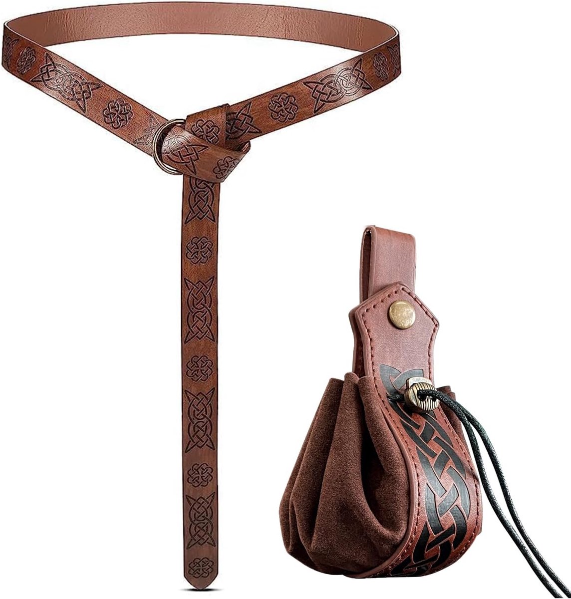 Necromantenpak, 2 stuks, middeleeuwse kledingaccessoires, middeleeuwse riem + Vikingtas, leer met trekkoord, voor cosplay, ridder, Viking-kostuumaccessoires