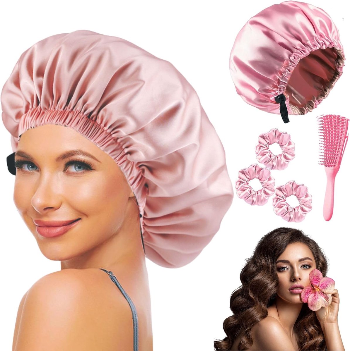 Zijden bonnet voor slaapmuts, satijnen slaapmuts voor krullend haar, glad, verstelbaar, krullend, krulborstel, haarborstel, scrunchies zijde, anti-kroes (roze), Roze