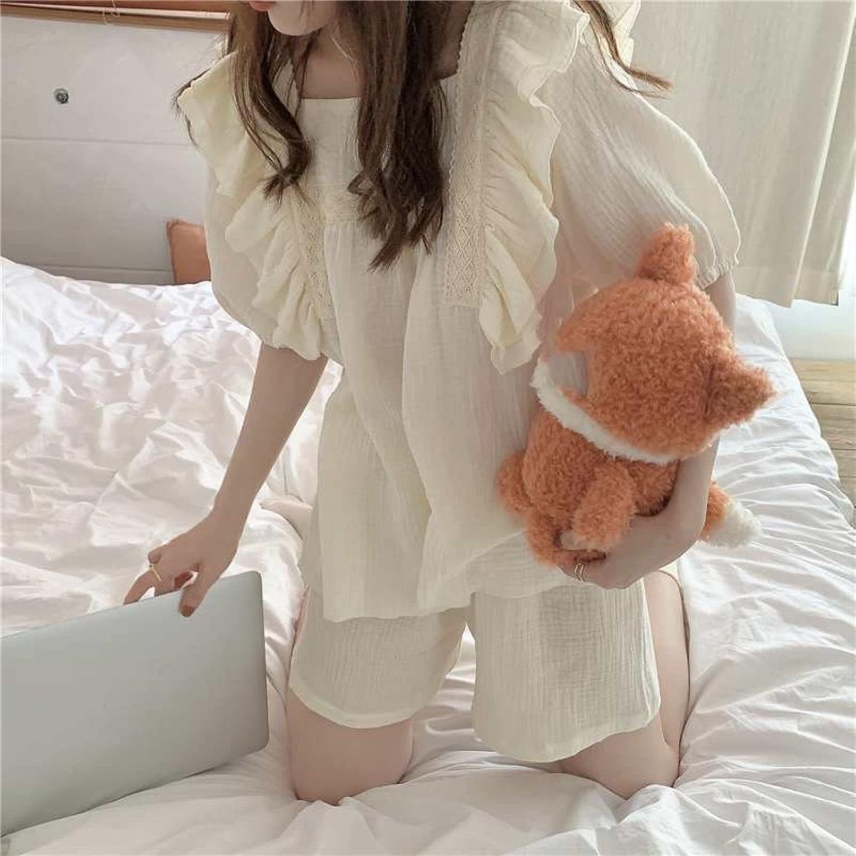 Pyjama Set - Zomer Vierkante Hals Loungewear Dames Schattig Kant Effen Kleur Losse Nachtkleding Met Korte Mouwen, Mode Schattige Ruches Pyjama Set, Casual Korte Mouwen Shorts Homewear Tweedelig