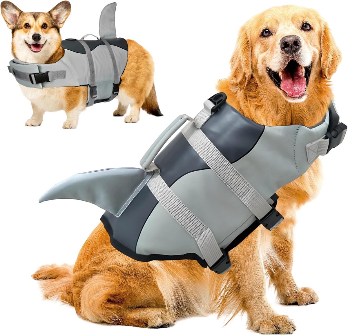 Zwemvest voor Honden, Haai, Zwemring met Handvat, Verstelbaar, Zwemhulp voor Honden, Grijs, L