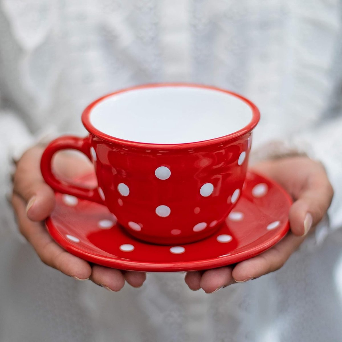 To Cottage Rood Wit | Polka Dot Stippen | Handgemaakt Handgeschilderd | Grote Keramische 350ml | Cappuccino Koffie Thee Mok Schotel | Cadeau