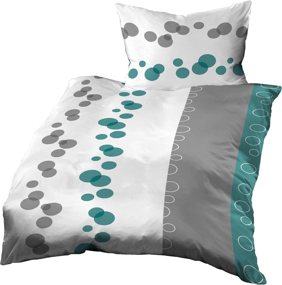Beddengoed 155x220 cm + 80x80 cm, katoen mako-satijn, cirkels aqua-turkoois grijs wit