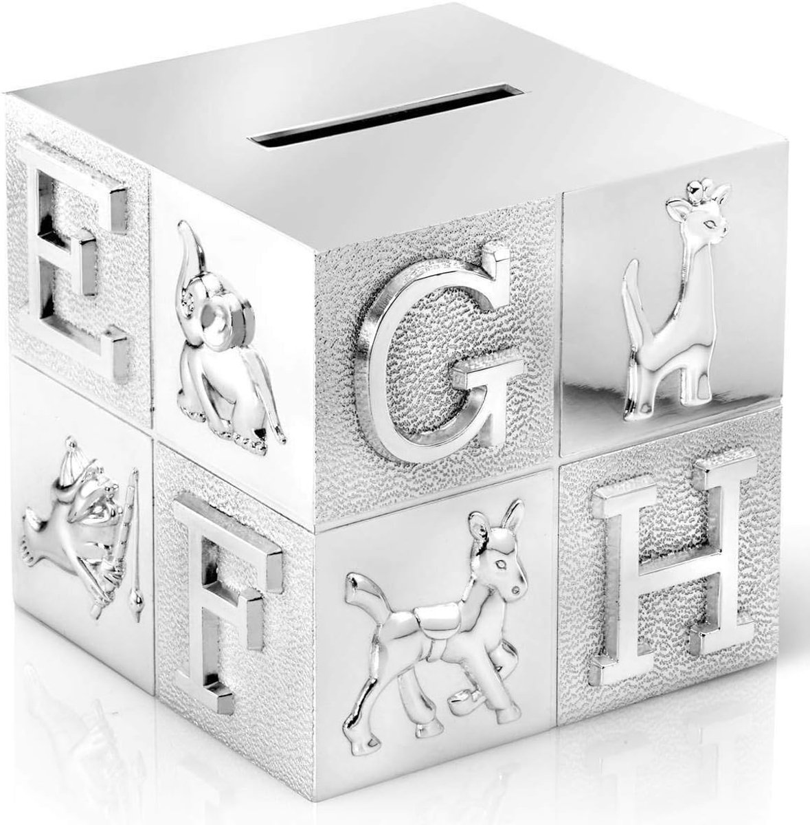 Spaarpot voor kinderen, ABC kubus met gepersonaliseerde metalen gelddoos als cadeau-idee voor de eerste schooldag voor kinderen, geldcadeau voor de eerste schooldag, met naam gravure