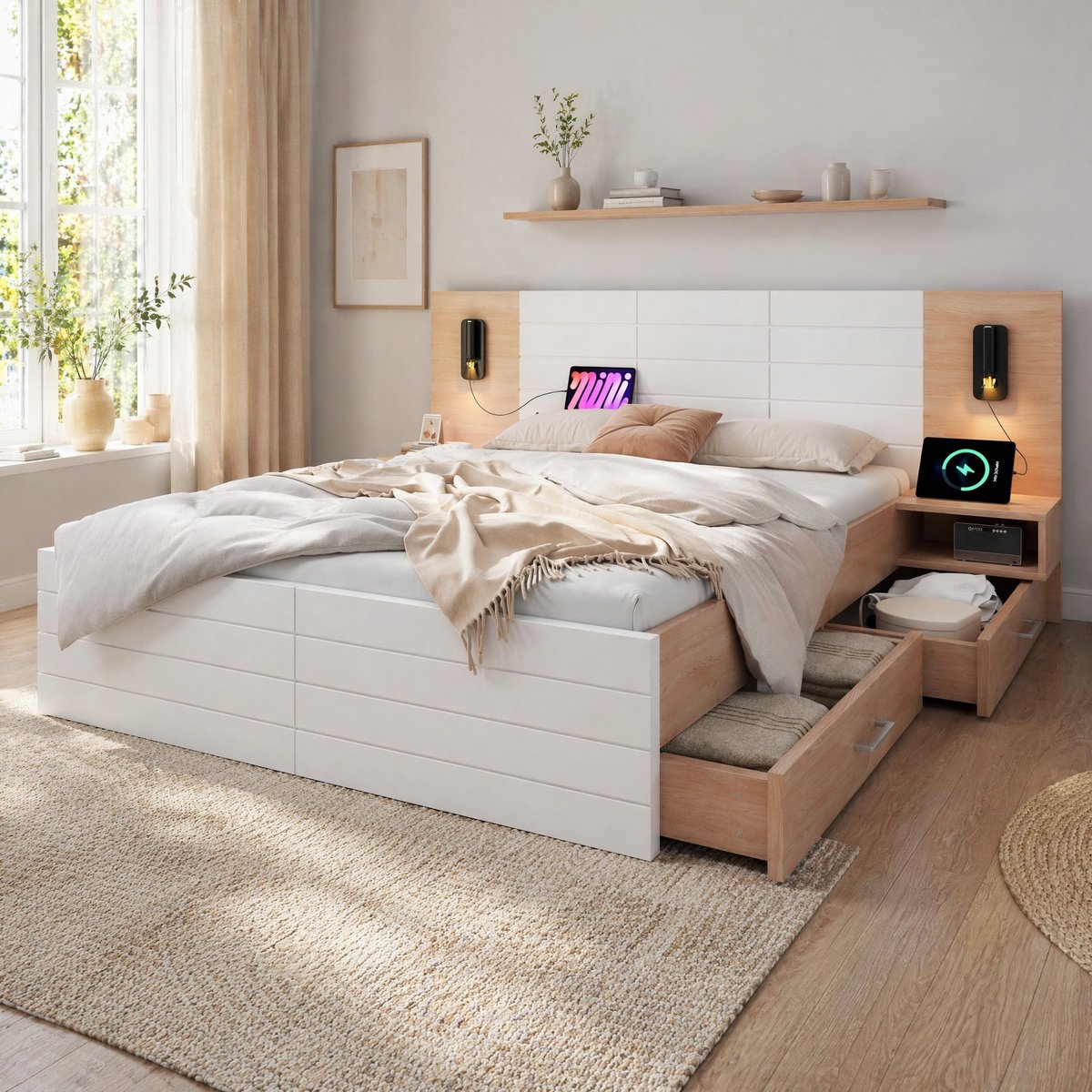 WUVRIE Tweepersoonsbed 160x200 cm met 2 lades, leeslamp, USB en lattenbodem, wit/licht eiken