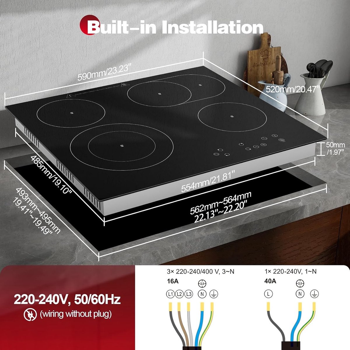 Keramische Kookplaat - Zwart - 590 x 520 x 50 mm - Inbouw met Dubbele Ring en Ovale Kookzone - Voor Alle Kookpotten