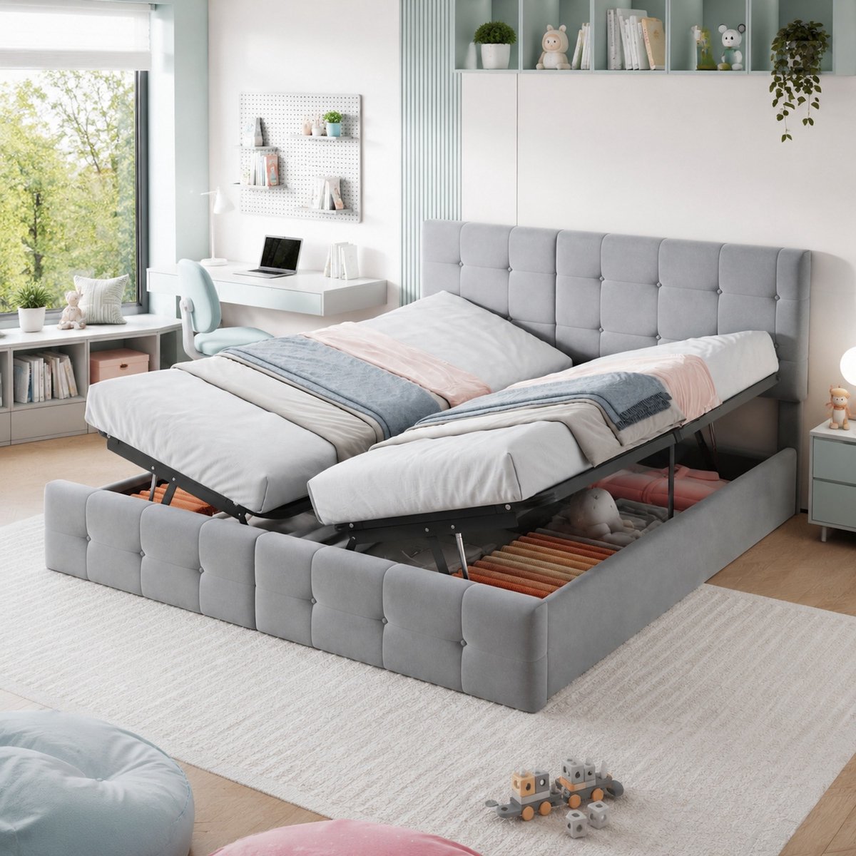 WUVRIE Gestoffeerd opbergbed 180x200 cm, deelbaar in 2 bedden met hydraulische opbergruimte, grijs
