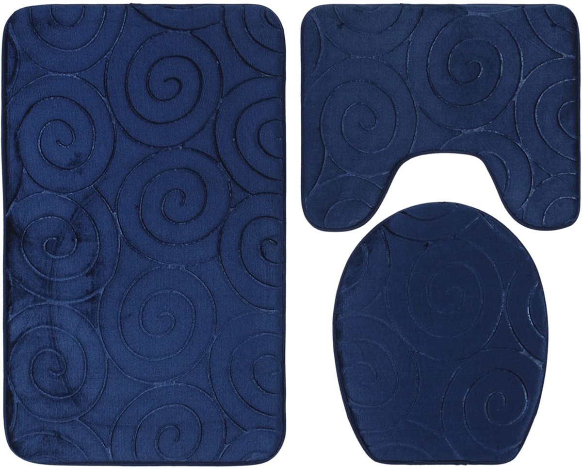 SnelShoppen - Badkleedset Antislip Badmatten 3 Stuks Marineblauw - Badkamer Vloermatten, Toiletdekselafdekking, Zijabsorberende Tapijten voor Badkuip