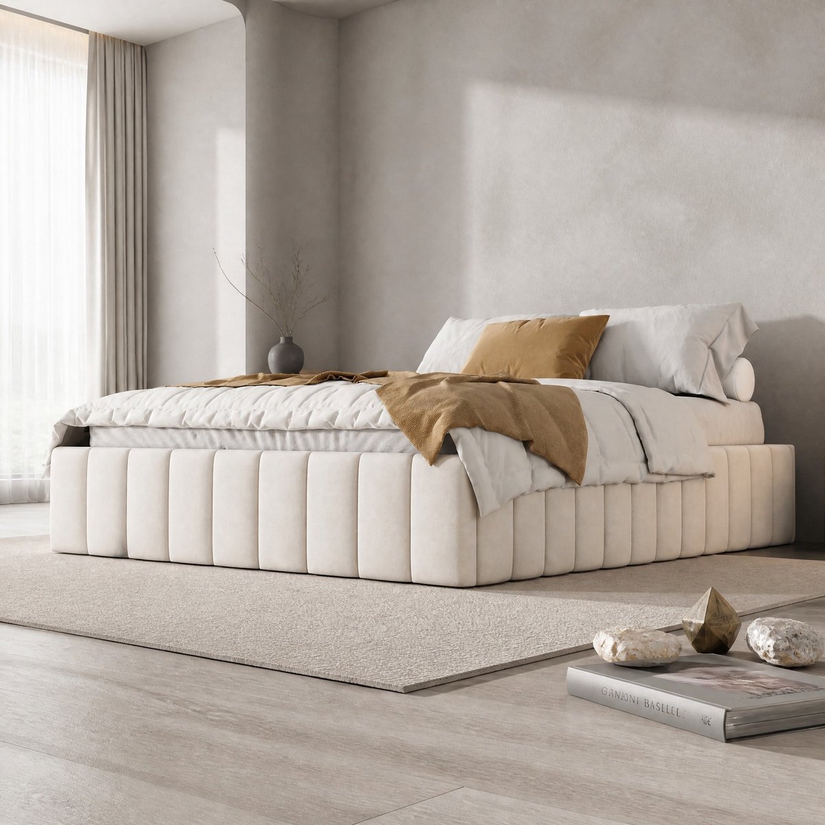 WUVRIE Gestoffeerd bedframe 140x200 cm met lattenbodem, 4 opberglades en zonder hoofdbord, beige