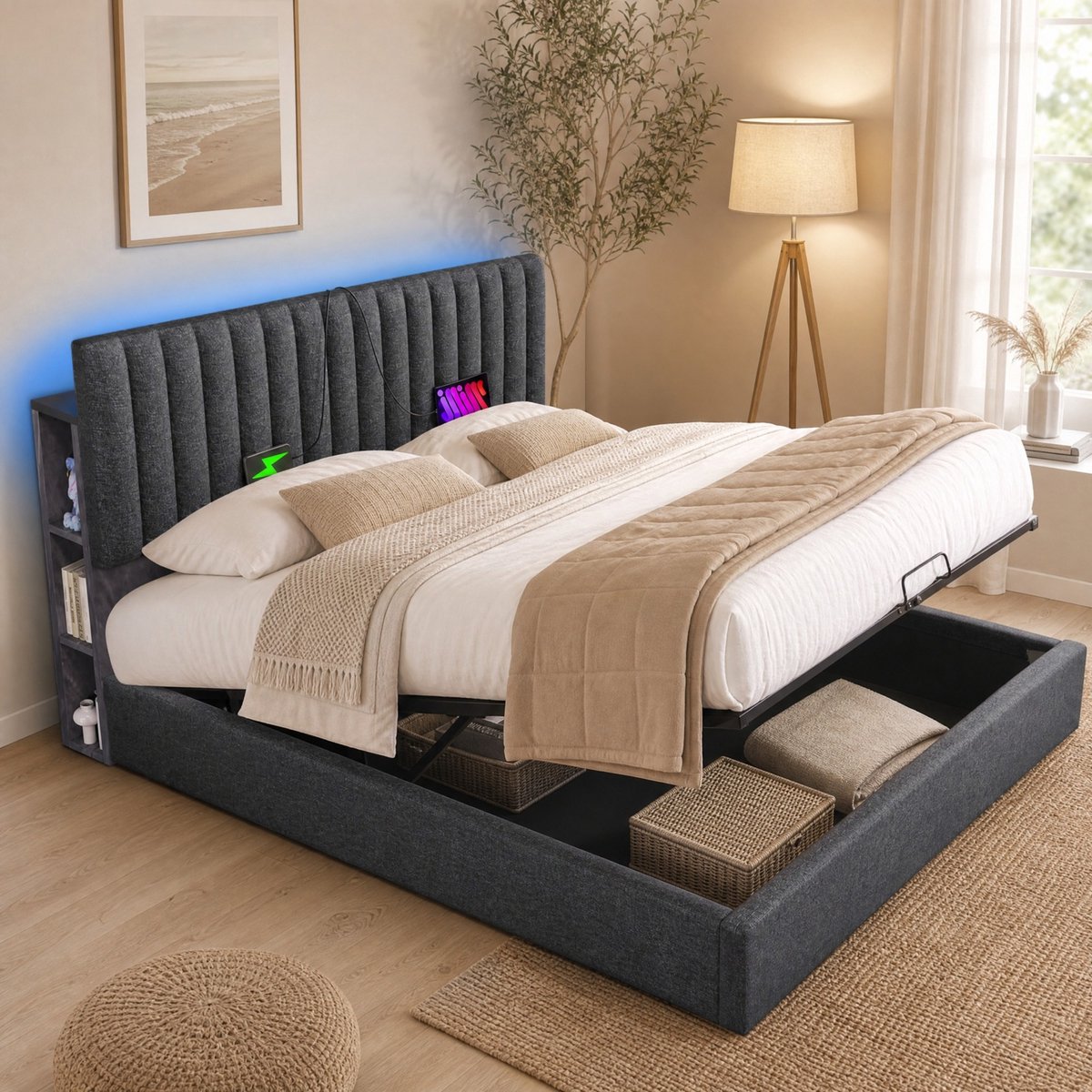 WUVRIE Gestoffeerd opbergbed 140x200 cm met LED, appbediening, USB-C en verstelbaar hoofdbord, grijs