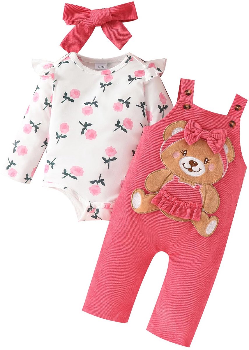SnelShoppen - Kledingset voor Babymeisjes met Bloemenbovendeel en Verstelbare Beren-Tuinbroek, Roze Beer, 6-12 Maanden, Stijlvol en Comfortabel voor F