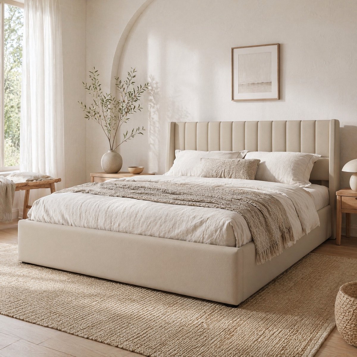 WUVRIE Opbergbed 160x200 cm met hydraulisch te openen bedkast en lattenbodem, beige