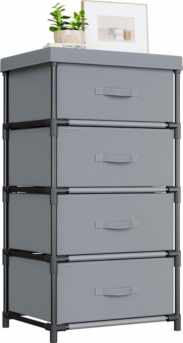SnelShoppen - Fabric Chest of Drawers 4 Lades - Stijlvolle Opbergrek met Stevig Stalen Frame - Grey Dressoir voor Slaapkamer, Woonkamer, Hal, Kantoor
