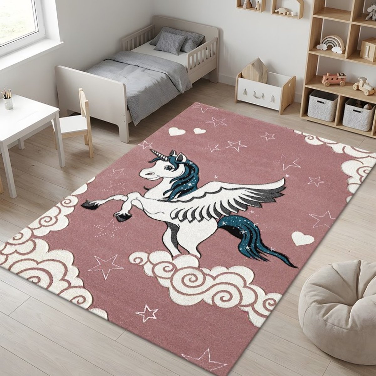 TapisTrend Kinderkleed Roze 120x170 cm met gevleugelde eenhoorn, met reliëf van wolken, sterren en hartjes, voor de slaapkamer en speelkamer