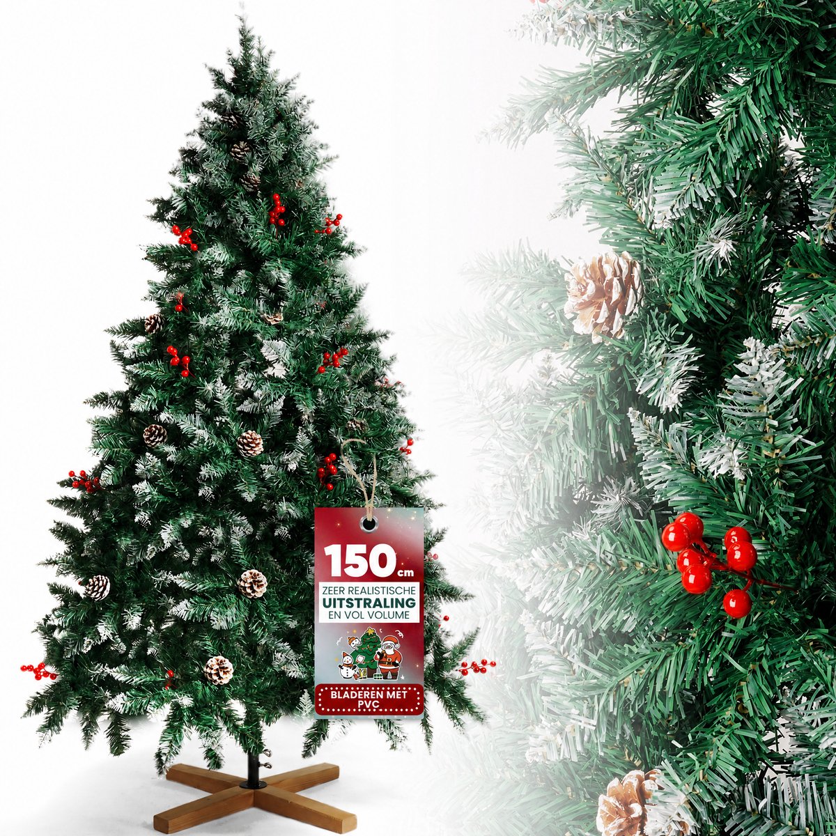 Arvioo - 1,5m kunstkerstboom - sneeuw effect - houten voet - automatisch uitklapbaar