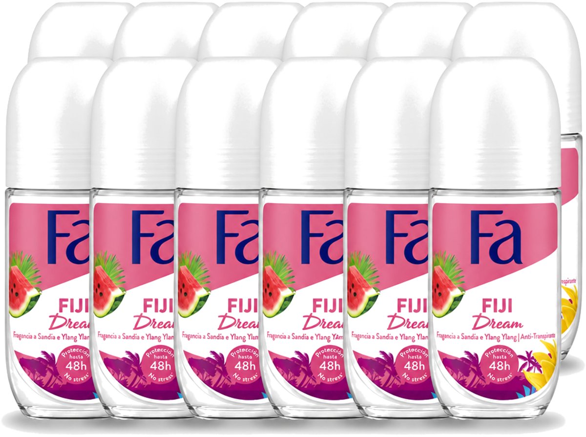 12 x Fa - Deodorant Roller - Fiji Dream - Watermeloen & Ylang Ylang - 48 uur Bescherming - 50 ml - Voordeelverpakking - 12 stuks