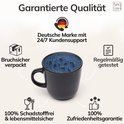 Een donkerblauwe aardewerken mok, 435 ml. De mok is 'Bruchsicher verpackt', '100% Schadstofffrei & lebensmittelsicher', 'Regelmäßig getestet' en '100% Zufriedenheitsgarantie'.