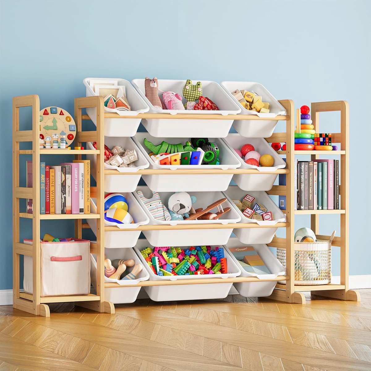 Opbergorganizer voor speelgoed met 6 planken en 12 bakken, boekenkast/boekenkast, kinderbakplank, speelgoeddoos voor speelkamerorganisatie voor slaapkamer- en kamerdecoratie, wit, 52" W