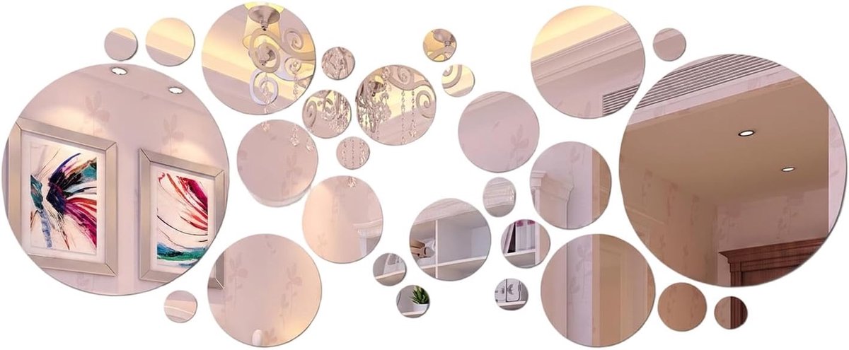 32 stuks 3D-spiegelstickers, rond, roségoud, spiegeltegels, zelfklevend, doe-het-zelf zelfklevende spiegel voor wanddecoratie, moderne spiegelstickerset voor woonkamer, tv-achtergrond, kast