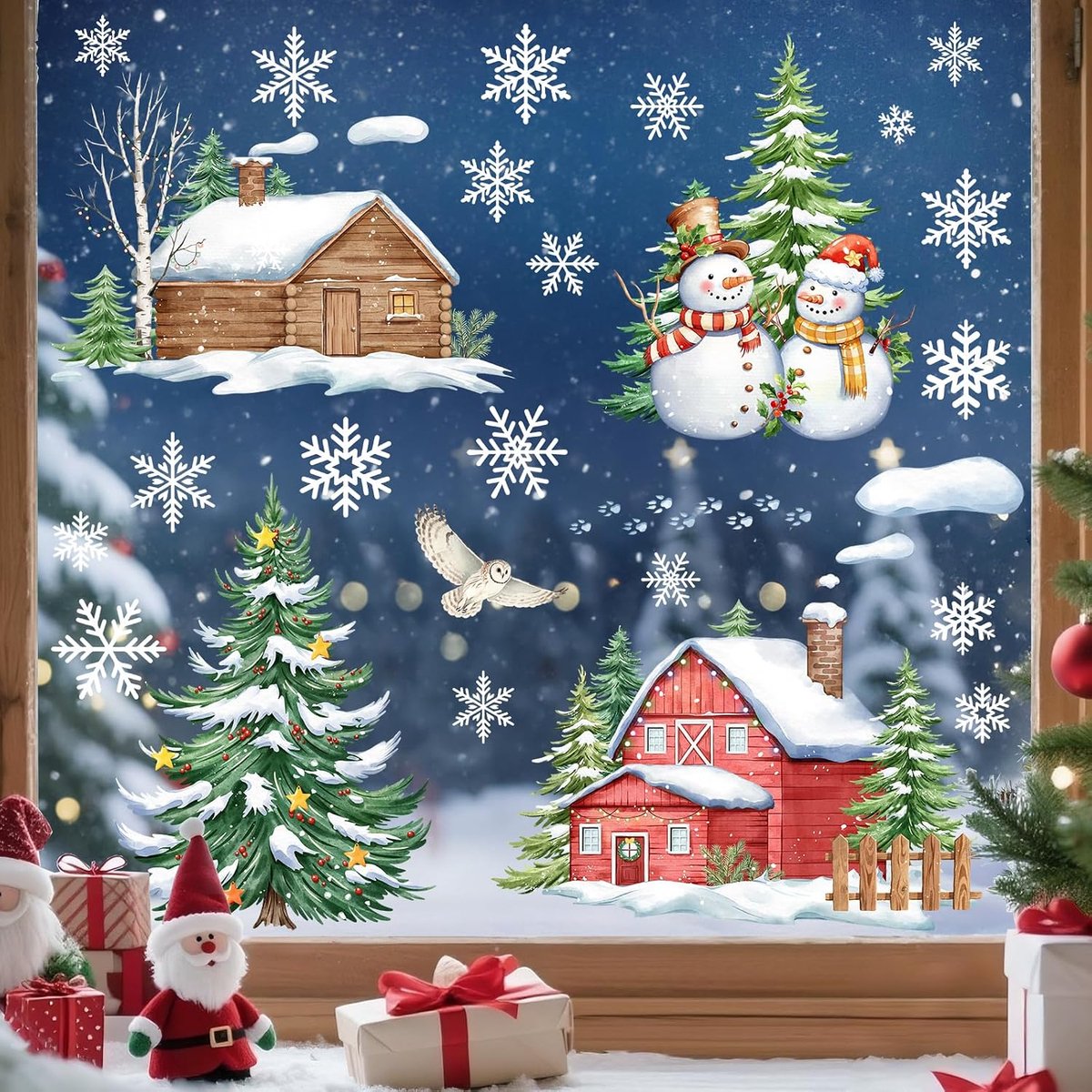 Zelfklevende raamafbeeldingen voor Kerstmis, sneeuwman, sneeuwvlok, huis, winter, boom, raamfolie, kerstdecoratie, herbruikbaar