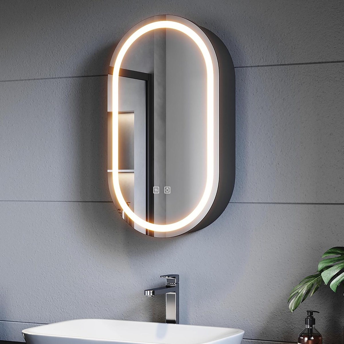 Spiegelkast voor badkamer met verlichting, 40 x 70 cm, ovaal, hangkast met spiegel met touch-schakelaar, drie lichtsoorten en anti-condens, wandmontage, zwart