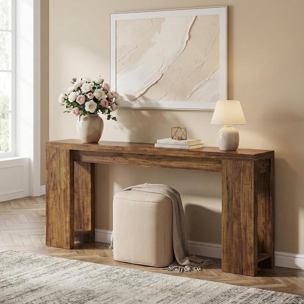 160 cm consoletafel, smalle tafel, entreetafel woonkamer, console hout, plank achter bank, extra lange consoletafel, landhuisstijl, meubels, 160 x 30 x 85 cm, donkerbruin