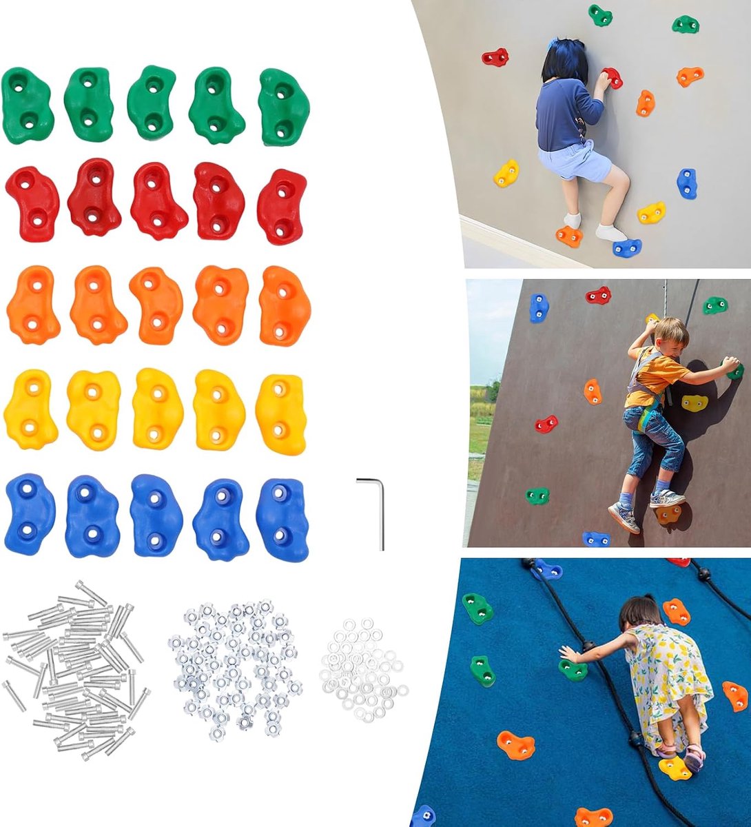 Klimgrepen, kleurrijk, 25 klimgrepen voor kinderen, met bevestigingsmateriaal, rotsklimgrepen in verschillende vormen, voor kinderen, speeltoren en klimwand, belastbaar tot 100 kg