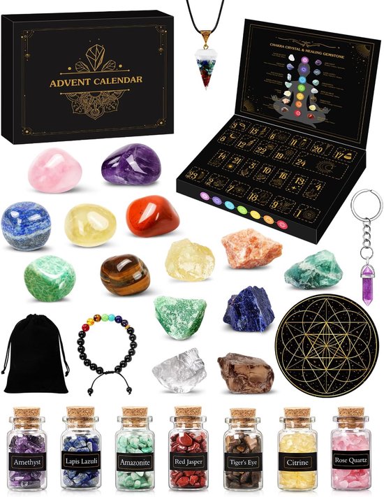 Adventskalender met 24 helende kristallen, chakra-stenen, glazen flesjes, armband, ketting en stoffen tasje.