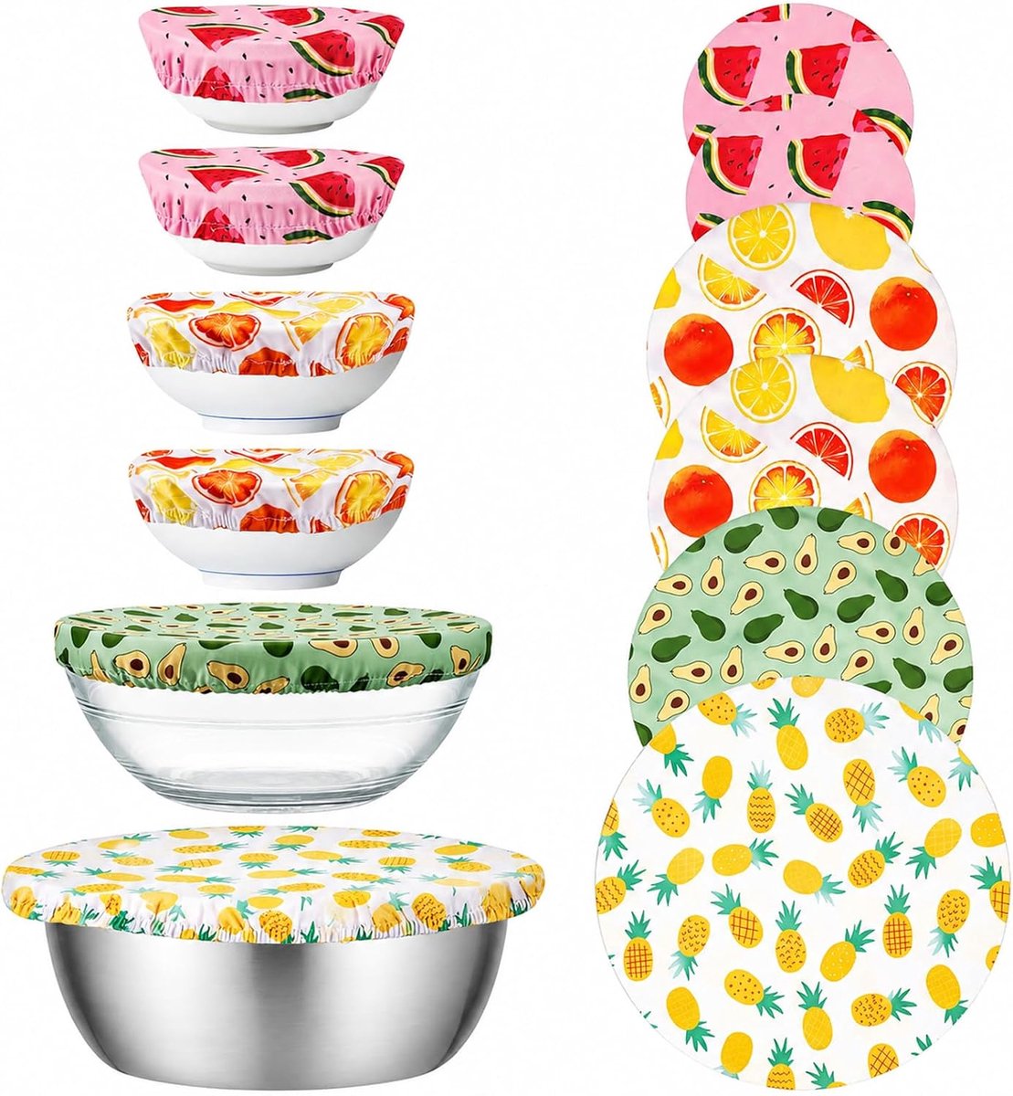 Set van 6 katoenen deksels voor glazen salade, herbruikbaar en herbruikbaar met elastiek voor glazen salade, pannen