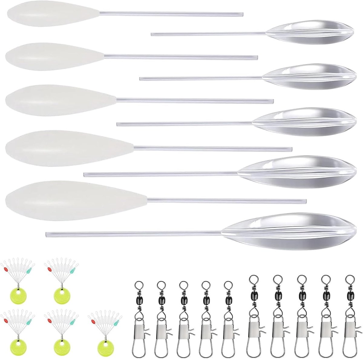Set van 25 stuks, praktische visaccessoires, forelset voor forelaas, 5 stuks Spirolino zinkend, 5 stuks Sbirolino drijvend 6 g, 8 g, 10 g, 15 g, 20 g en 10 drievoudige wervels, 5
