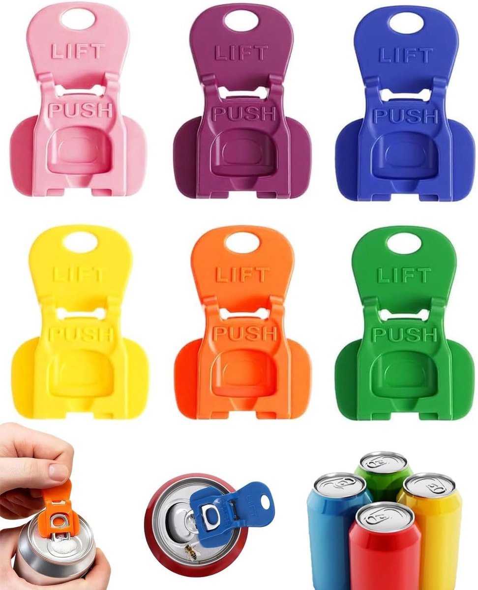 Blikopener, 6 stuks, flesopener van kunststof voor bier- en cola-dranken, blikopener met ergonomisch design voor ouderen en gezinnen, ideaal voor feestjes en kamperen