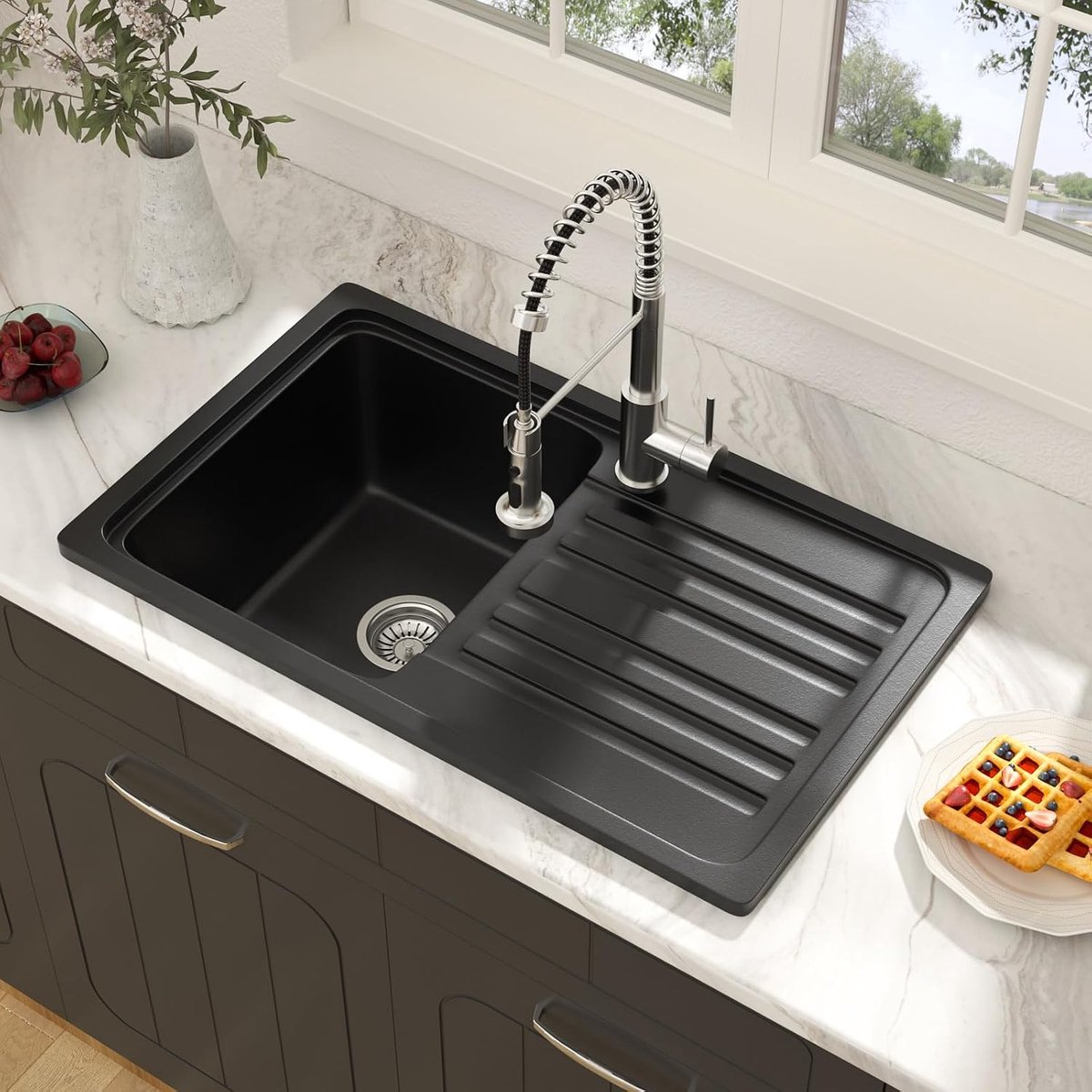 Spoelbak - 76 x 46 cm, Zwart Graniet, Moderne Stijl, Grote Kom, Rechthoekig met Sifon