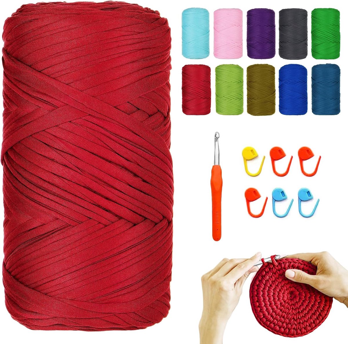 Haakgaren, 400 g/120 m, met haaknaald, 9,0 mm, 6 posities, om te haken, voor tassen, manden, dekens, woondecoratie (levendig rood)