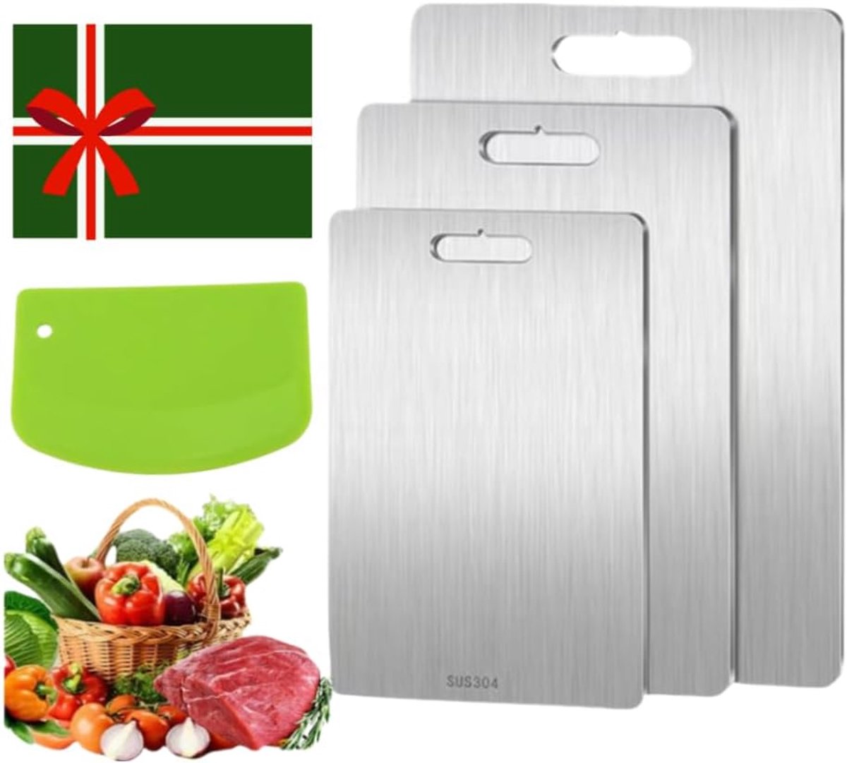 Chopping Board, Pack of 3 Stainless Steel Chopping Board, Titanium Chopping Board, Easy to Clean, Double-Sided Food Grade Chopping Board for Meat, Fruit, Vegetables