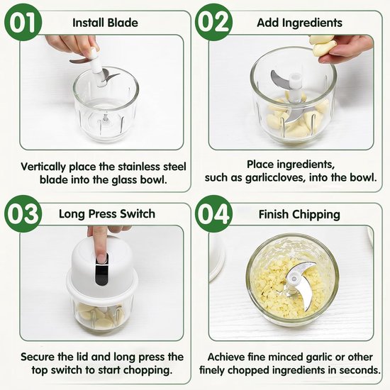 Keukenhakselaar, knoflookhakselaar, USB-oplading, groentesnijder, elektrische kleine uienhakker, mini-keukenmachine voor vlees, noten, uien, knoflook (100 + 250 + 350 ml) — afbeelding 4