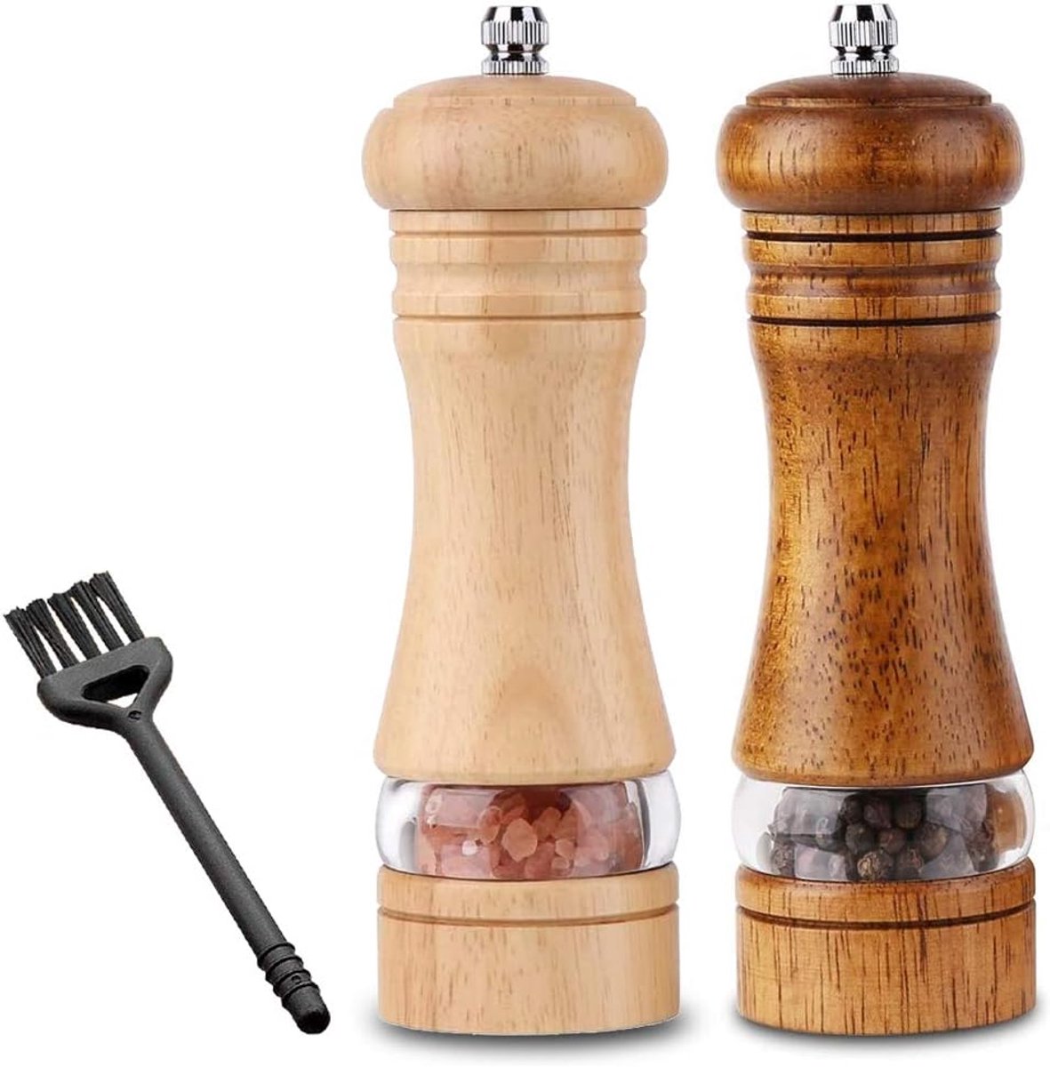 2 Stuks Zout en Pepermolen Set,Kruidenmolen Set,Handmatige Molen voor Peper,Keramische Molen Verstelbare Fijnheid met Reinigingsborstel(16.5 x 5cm)