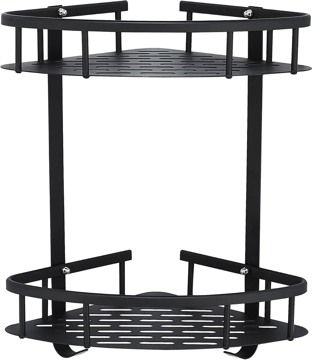 Douchemand zonder boren, hoekrek voor badkamer, doucheplank, badkamerorganizer, aluminium rek met sterke lijm, 2 lagen, zwart