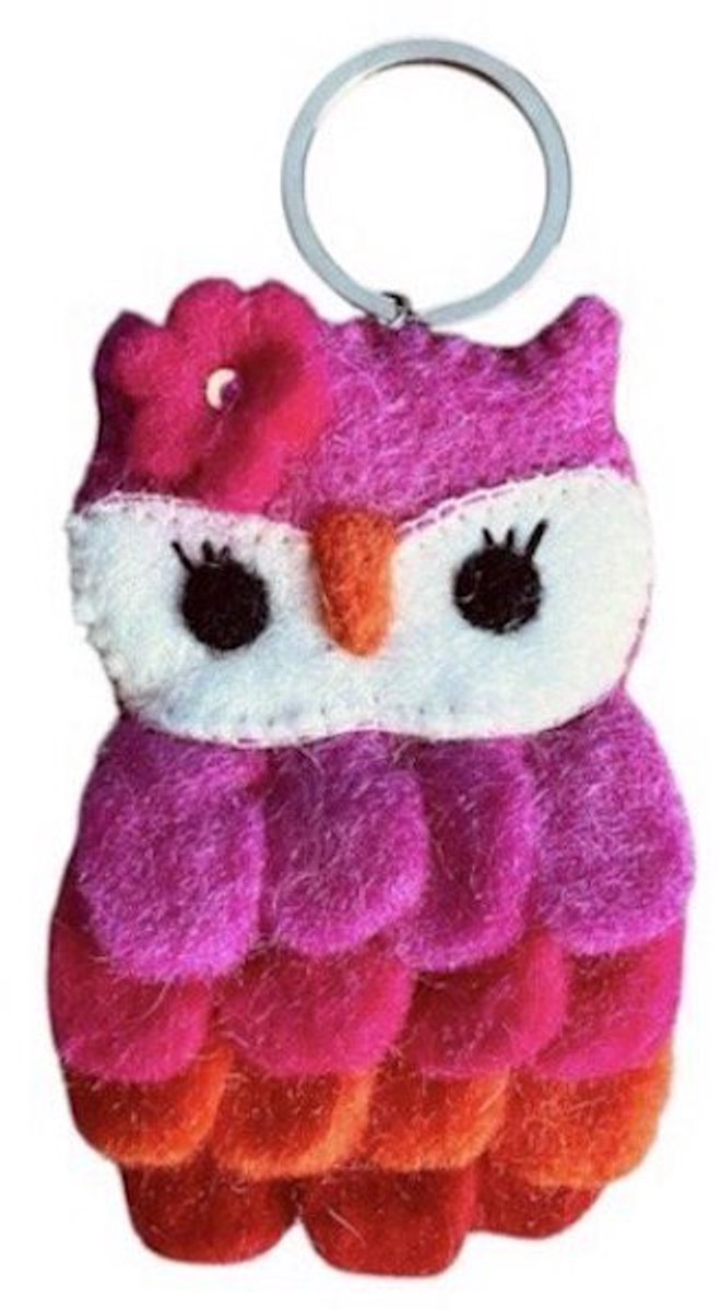 Luna-Leena duurzame uil sleutelhanger - tas bedel - plat - roze/rood - wol - handgemaakt in Nepal - love - kinder cadeau - kerstcadeau - animal keychain - kerst - gift - kinderfeestje - owl bag charm