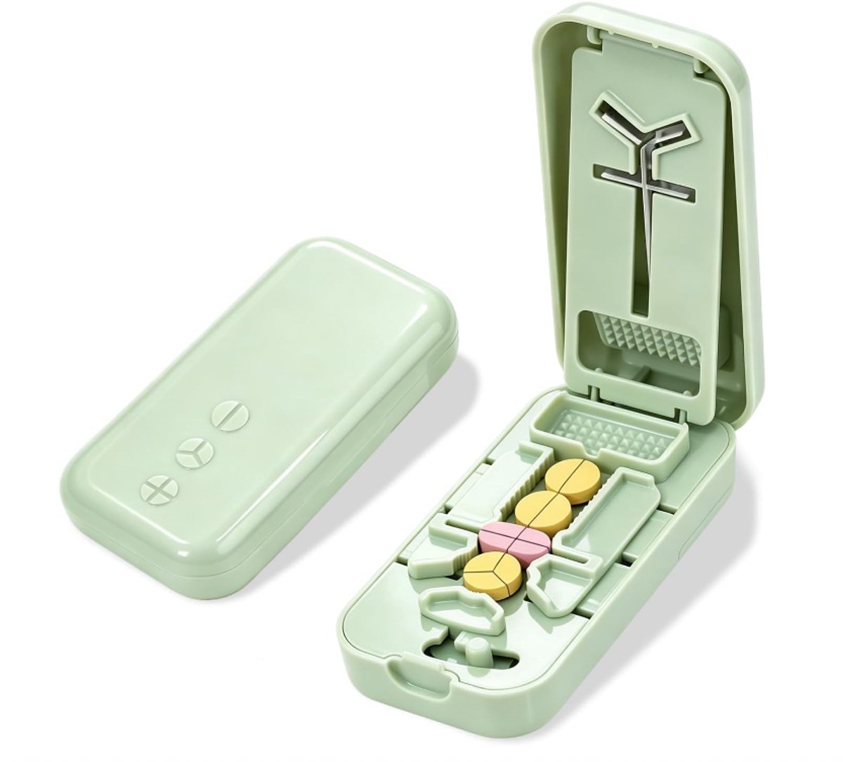 Pillensnijder voor kleine en minuscule pillen, pillensplitter snijdt tabletten in 1/2, 1/3 of 1/4, roestvrijstalen mes met achterste opbergvak (lichtgroen)