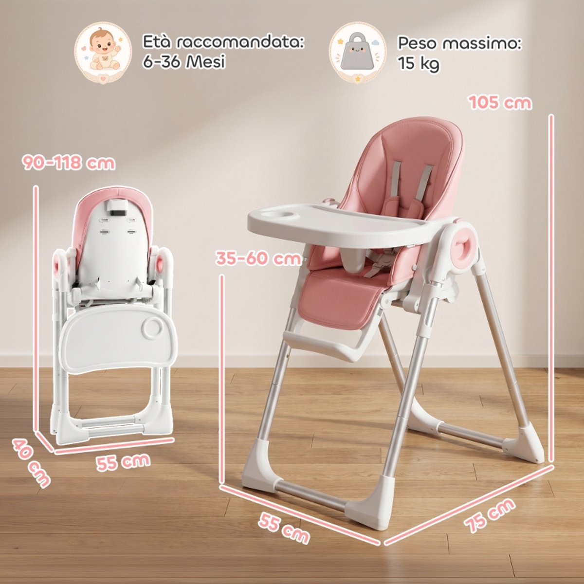 Hoge kruk - babystoel - babyvoedingsstoel - eetstoel - opvouwbare stoel - met dienblad - gemakkelijk schoon te maken - met voetensteun - in hoogte verstelbaar - woonaccessoires - geschikt voor baby’s van 6-36 maanden (roze, 75*55 cm) – foto 2