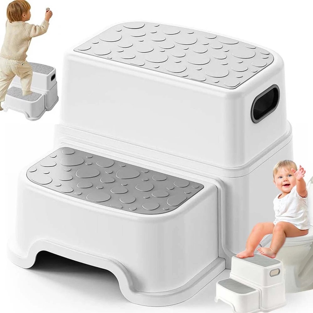 Kinderopstap - Toiletkruk - Antislip badkamerkruk - Voetsteun voor het toilet - Dubbellaagse badkamerkruk - Geschikt voor keukens, toiletten en badkamers - Verdikt - Verstevigd - Grijs/Wit
