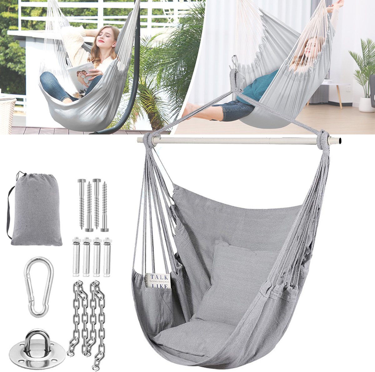 Hangmat Schommelstoel - Hangstoel Met 2 Kussens - Tuinschommel Met Montageset - Draagbare Hangstoelen Voor Tuin En Terras