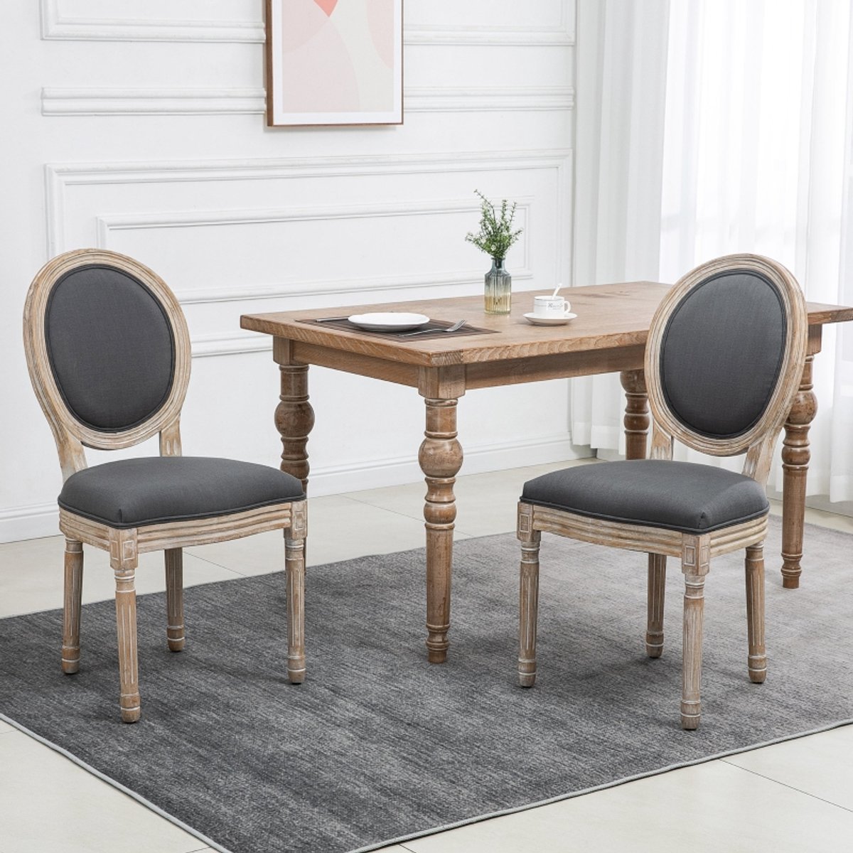REDOM - Eetkamerstoel 2er Set met Rugleuning, Leinenoptiek voor Eettafel, Grijs + Natuur