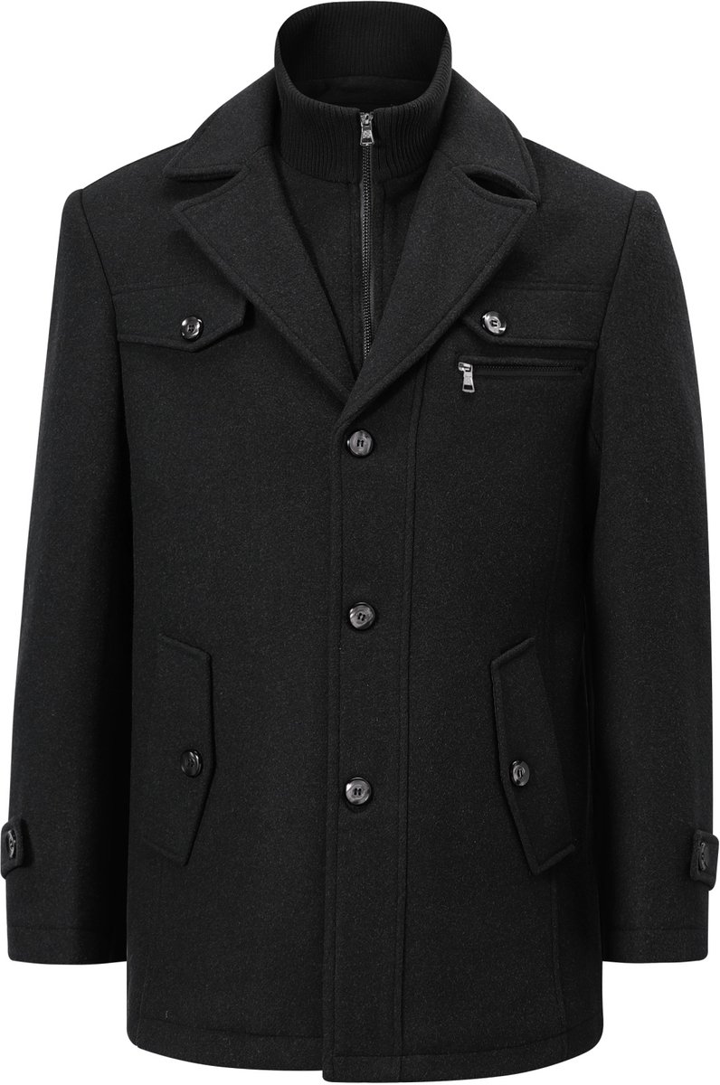 ALLTHEMEN Heren Wollen Winterjas Opstaande Kraag Kort Gewatteerd 2XL Zwart