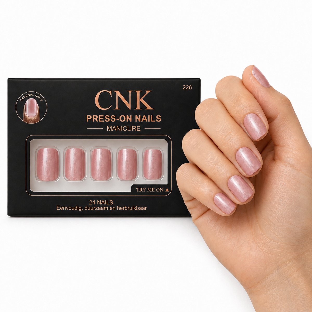 CNK 226 Press On Nails - Plaknagels - 24 Kunstnagels met Nagellijm, 24 Zelfklevende Plakstickers, Cleaner Wipe, Nagelvijl, Woodstick & Size Matcher - Nepnagels voor 7-14 Dagen - Herbruikbare Press-On Nagels - Starterspakket voor Manicure & Nail Art