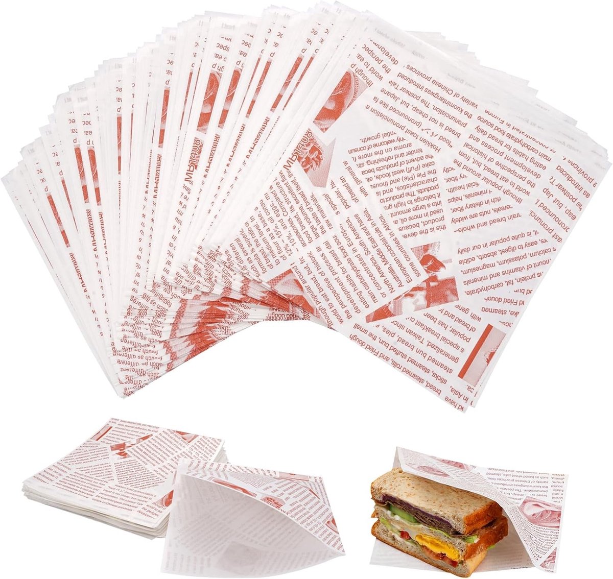 200 Stuks Burgerzakken, 15x15cm Papieren Zakjes voor Snacks, Friet en Sandwiches, Deli Papier en Wraps